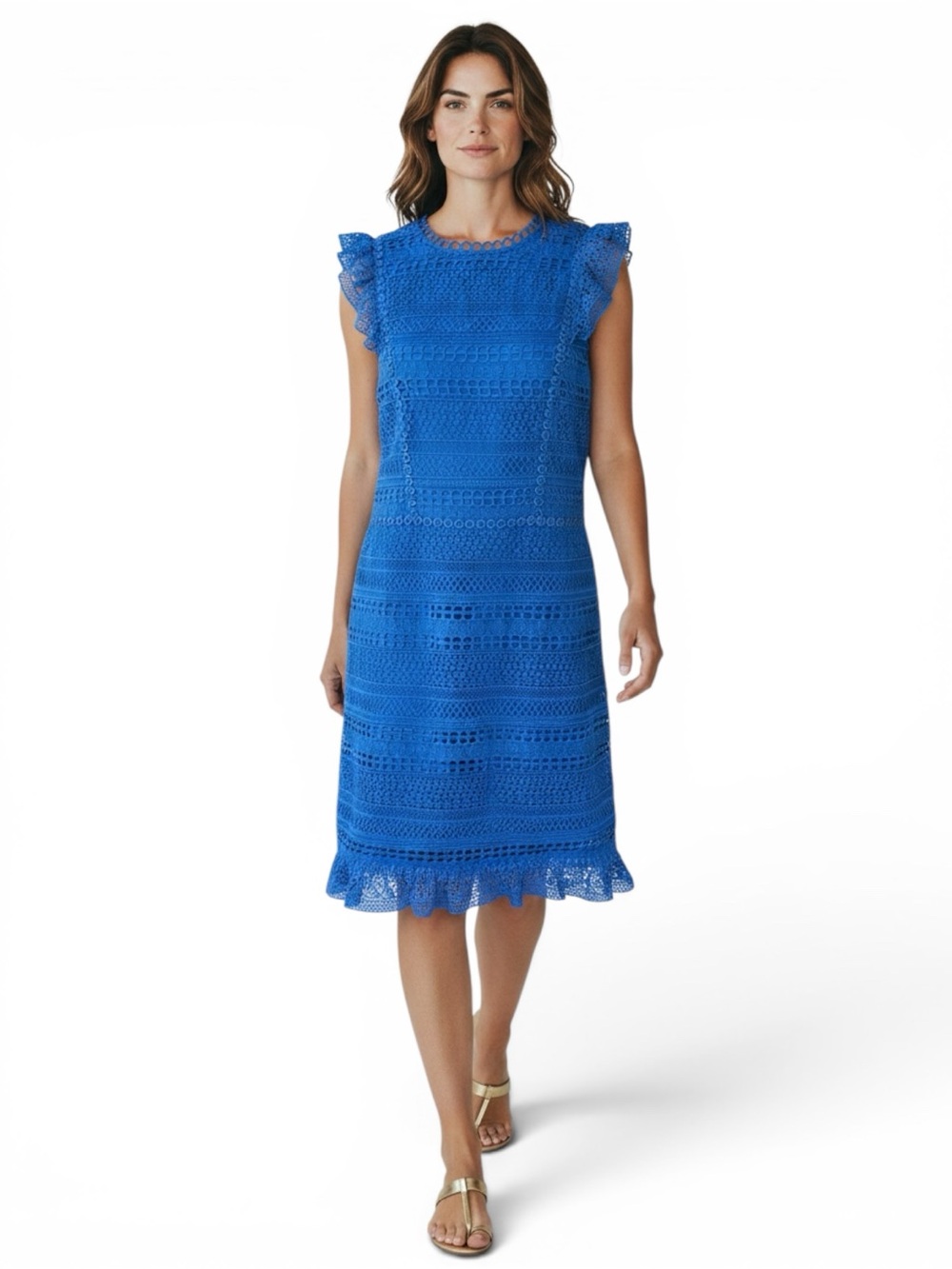 J.Crew Blue Lace Midi Dress Size 8 Ruffle Sleeve Eyelet Crochet Sheath